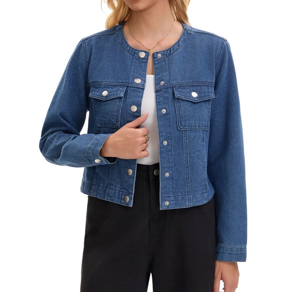 Womens Collarless Jean Jacket Long Sleeve Denim Jackets Blue